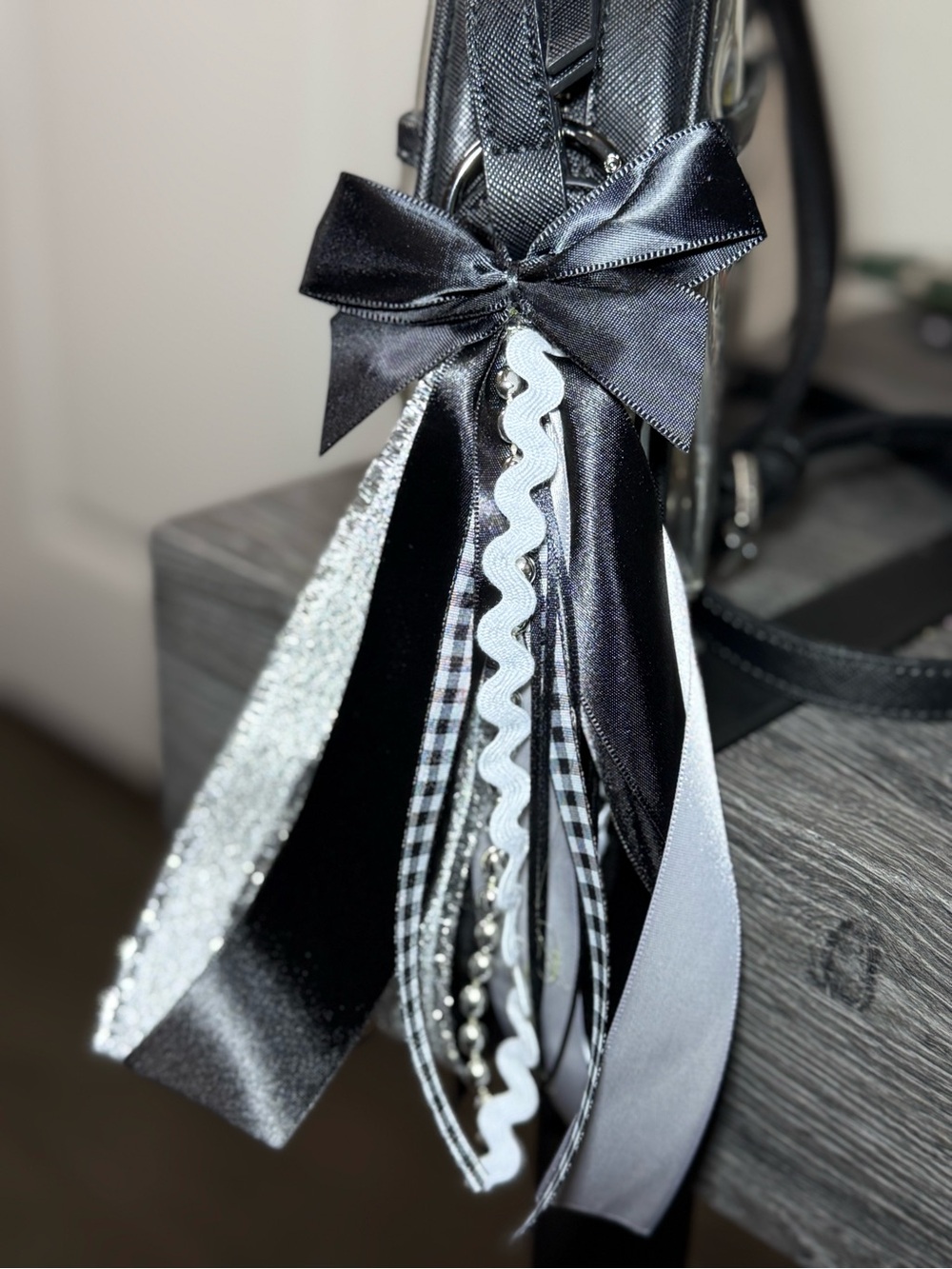 Tassel Bag Charm Black and white with Mixed Trim